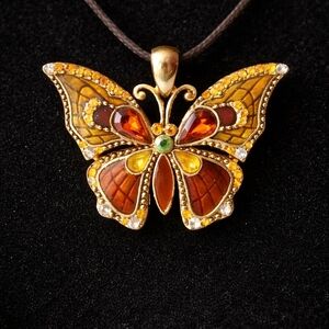 Vintage Orange and Brown Butterfly Pendant Necklace